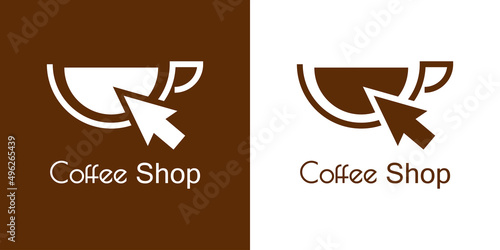 Comercio electrónico. Logotipo con texto Coffee Shop con taza de café y flecha de puntero con líneas en fondo marrón y fondo blanco