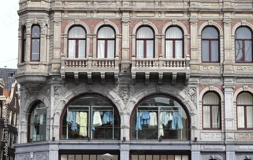 Photography Amsterdam Dam Square Historic Building Facade Close Up with Clothing Hanging in