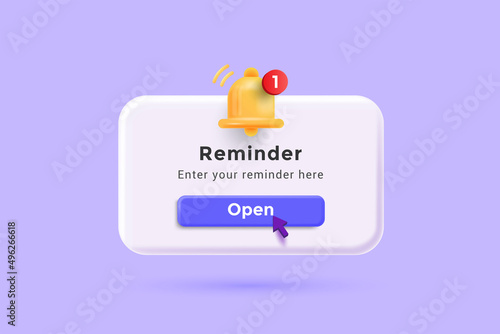 Reminder 3D Illustration, Notifications page with floating elements. Business planning ,events, reminder and timetable with 3d rendering. Vector Illustration. photo