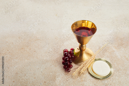 Photography Easter Communion Still life with chalice of wine and bread