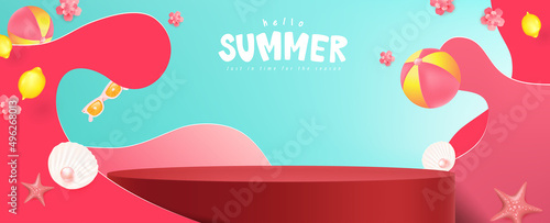 Summer sale banner with product display cylindrical shape