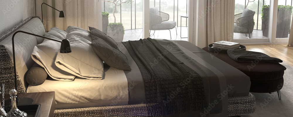 Fototapeta premium Minimalist modern interior design bedroom with panoramic windows. Contemporary bed with night tables. Web banner. 3d rendering. 3d illustration.