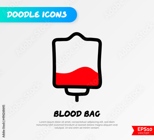 Blood bag with plasma. Doodle thin line icon. Blood donation. Blood type. Vector illustration.