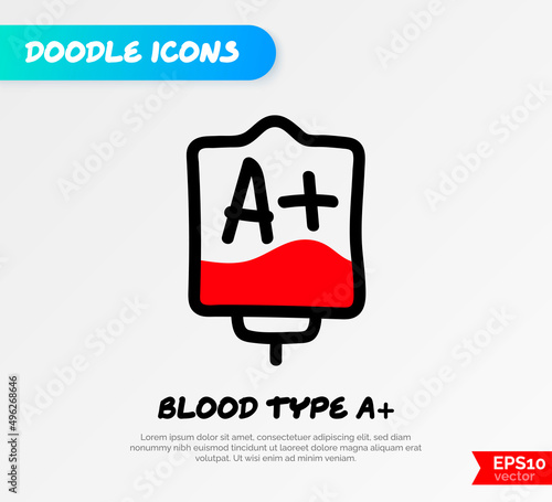 Blood bag with plasma. Doodle thin line icon. Blood donation. Blood type. Vector illustration.