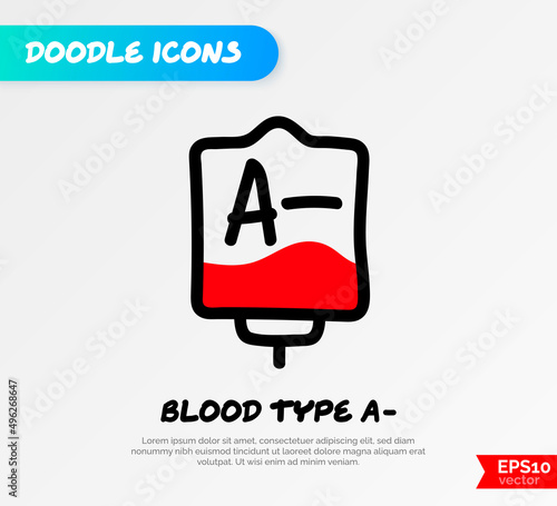Blood bag with plasma. Doodle thin line icon. Blood donation. Blood type. Vector illustration.