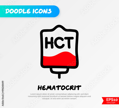 Blood bag with plasma. Doodle thin line icon. Blood donation. Blood type hematocrit. Vector illustration.