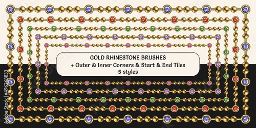 Pattern gold brushes with color rhinestones, metal beads. Colors of crystals are colors of amethyst, ruby, emerald, sapphire, spinel gems. Chain brushes with corners, end and start tiles.