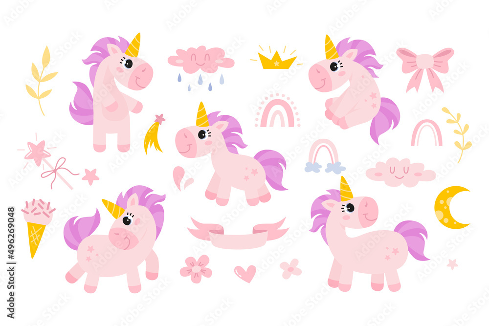 Vector set of cute pink unicorns, rainbows, clouds, stars and flowers. Children illustration