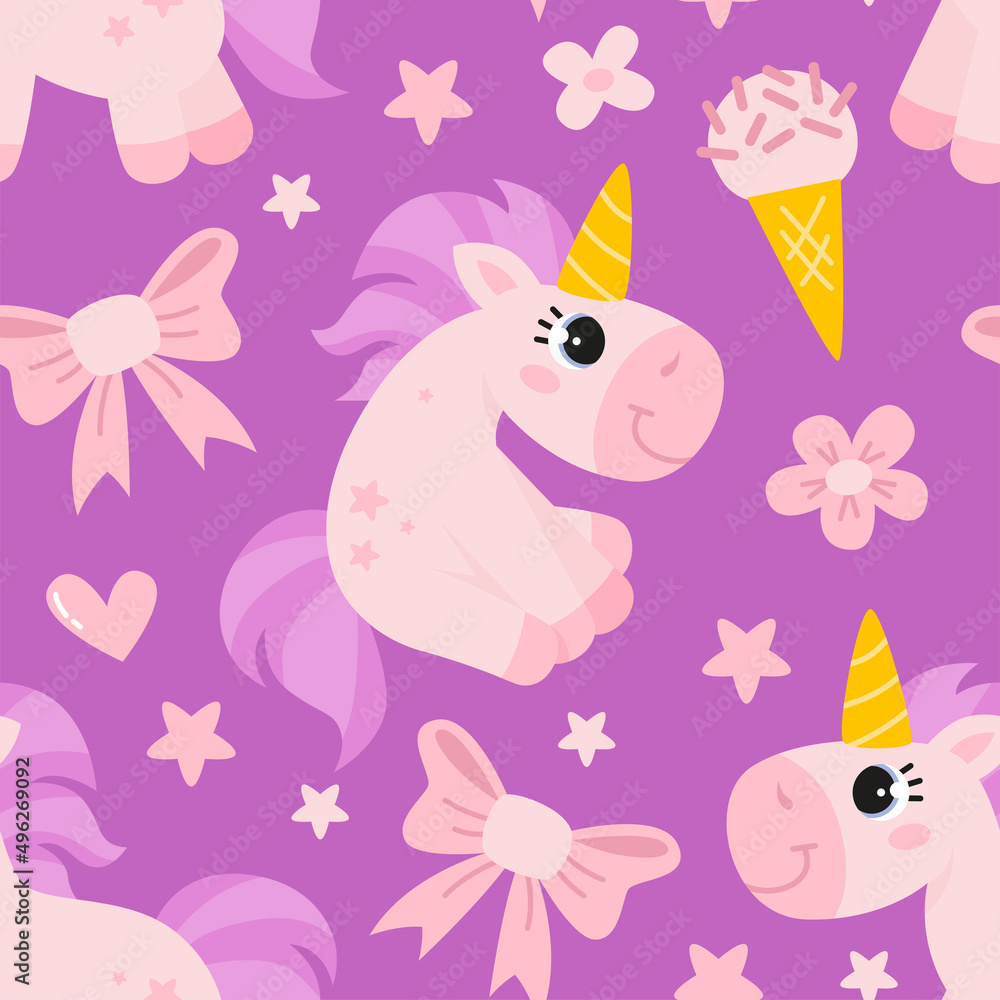 Seamless vector pattern with cute baby unicorns