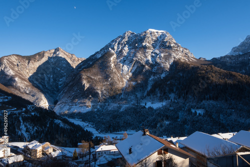 Winter in the vally, little town in the mountains covered in snow