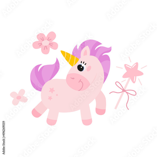 Cute vector illustration of a unicorn with magic wand and flowers  isolated on white