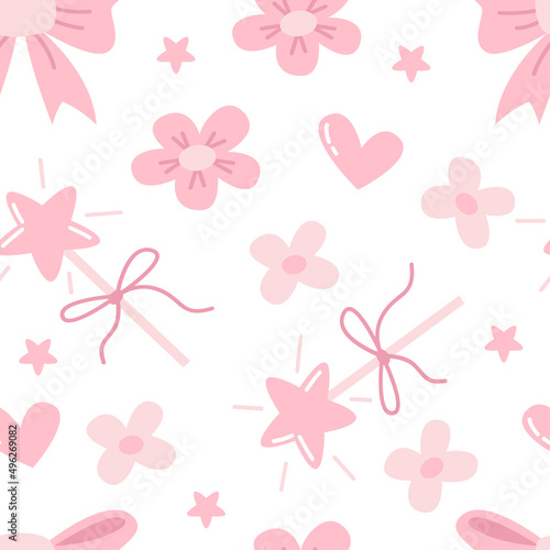 Seamless vector pattern with magic wand and flowers
