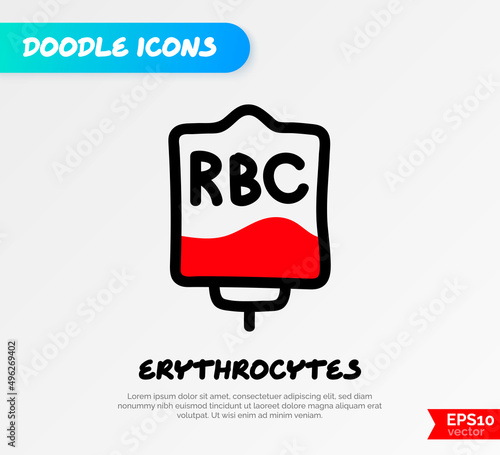 Blood bag with plasma. Doodle thin line icon. Blood donation. Blood type erythrocytes. Vector illustration.