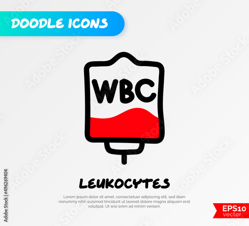 Blood bag with plasma. Doodle thin line icon. Blood donation. Blood type WBC. Vector illustration.