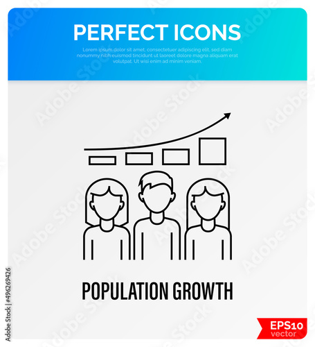 Overpopulation, graph of population growth thin line icon. Increasing poverty, problem overconsumption. Vector illustration.