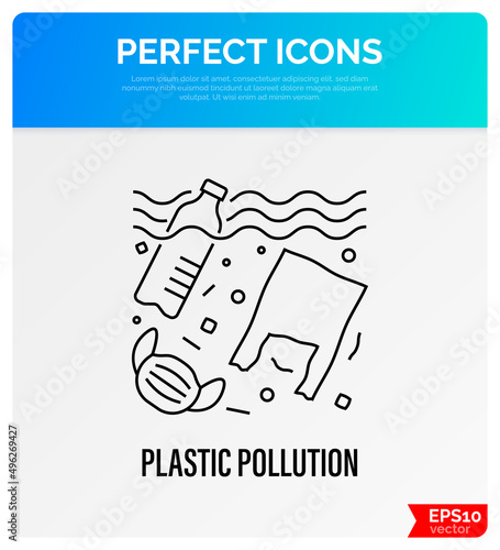 Plastic pollution. Plastic bottle, plastic bottle and medical mask in ocean or sea. Thin line icon. Overconsumption. Trash under water. Vector illustration.
