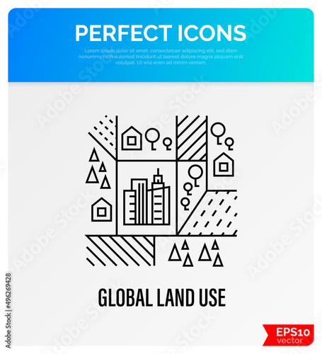 Global land use thin line icon. Deforestation, agriculture, industrial damage, livestock, overpopulated cities. Vector illustration.