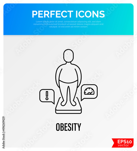 Obesity thin line icon. Man with excess weight on scales. Overeating, health problem. Overconsumption. Vector illustration.