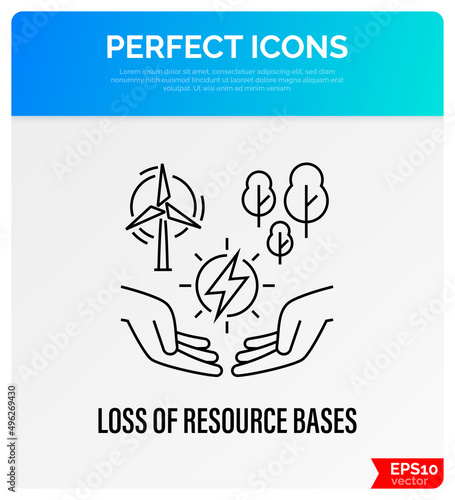 Resource depletion. Sign of energy in human hands, windmill and forests. Overconsumption of natural resources. Loss of resource base thin line icon. Vector illustration.
