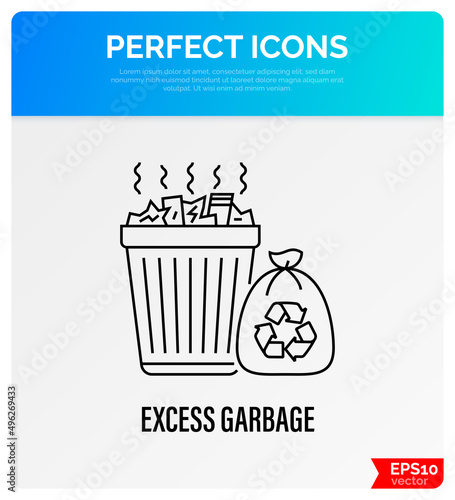 Overloaded trashcan with sign recycle thin line icon. Excess garbage, overconsumption. Vector illustration.