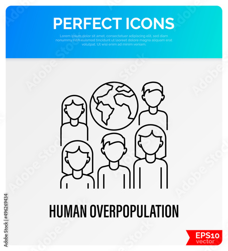 Human overpopulation thin line icon. People around the planet. Overcrowding. Ecological problem. Vector illustration.