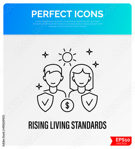 Quality of life. Rising living standards thin line icon. Rising of income. People are protected by shield. Overconsumption problem. Vector illustration.