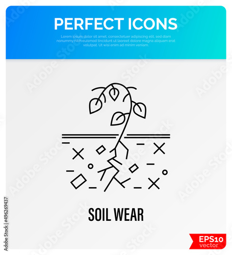 Soil wear thin line icon. Plant cannot grow in depleted soil. Soil erosion by industrial damage. Ecological problem. Overconsumption. Vector illustration.