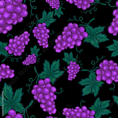 Creative seamless pattern with grapes. Oil paint effect. Bright summer print. Great design for any purposes 