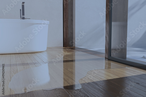 Water flooding on wood parquet floor. modern bathroom interior with bathtub