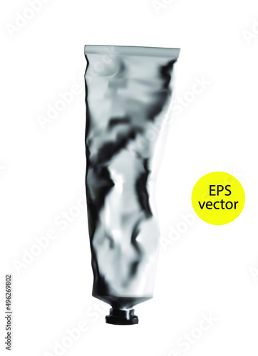 Highly realistic image of a squeezed tube of metallic color isolated on a white background.