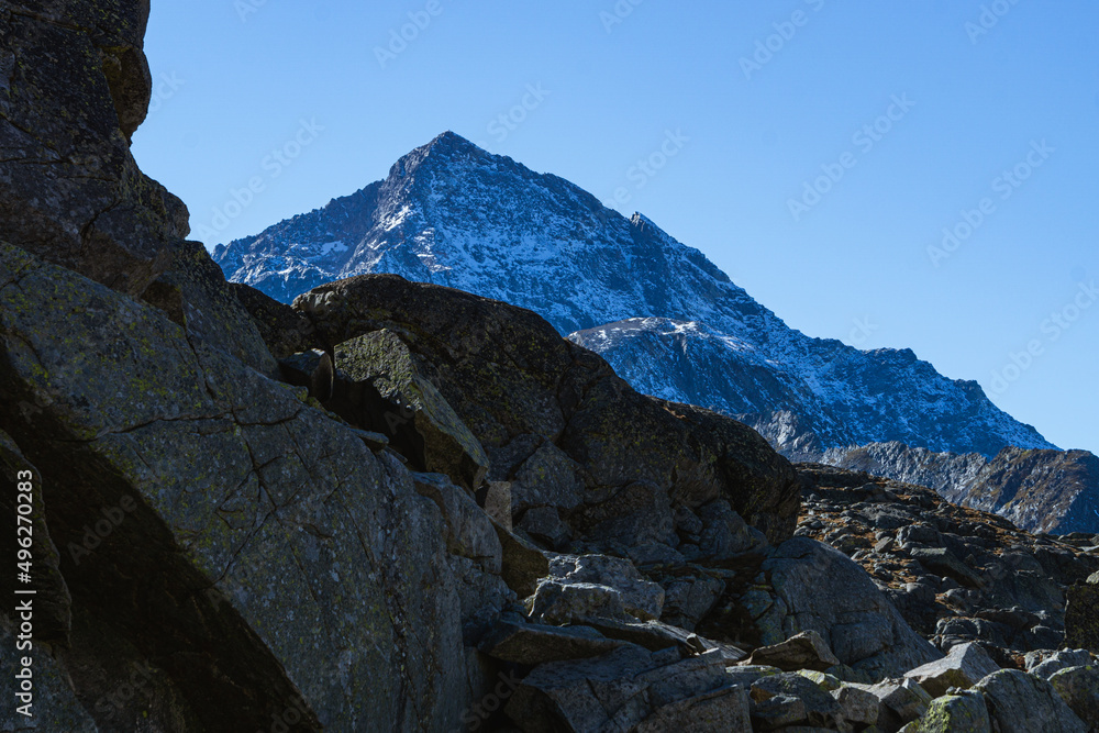 Obraz premium The mountains and the beauty of nature and woods of the Spluga valley: a tourist area in the Italian Alps, near the town of Campodolcino - September 2021.