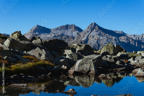 The mountains and the beauty of nature and woods of the Spluga valley: a tourist area in the Italian Alps, near the town of Campodolcino - September 2021.
