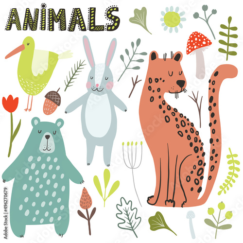 Set of cute different animals and plants objects in Scandinavian style. Cartoon doodle kids clipart for baby shower invitation card, nursery room decor, poster.