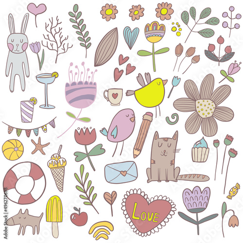 Set of cute different animals and plants objects in Scandinavian style. Cartoon doodle kids clipart for baby shower invitation card, nursery room decor, poster.