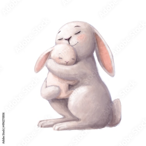 rabbits family mother and child hugs, watercolor illustration, love clipart with cartoon characters