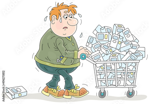 Sad and tired buyer walking to a supermarket checkout with a shopping cart full of boxes with scarce products, vector cartoon illustration isolated on a white background