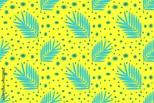 Seamless light blue leaf pattern, cute pattern on a yellow background, fern leaves, herbs, forests, plants, elegant soft woven fabric, backdrop wrapping paper.