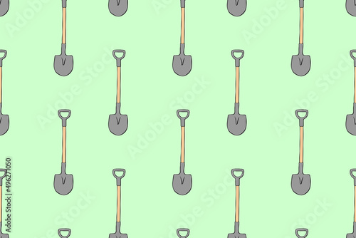 Seamless pattern with garden shovels, spades, scoops. Vector backgrounds and textures with tools for working on the farm, in dacha, country site in flat doodle style