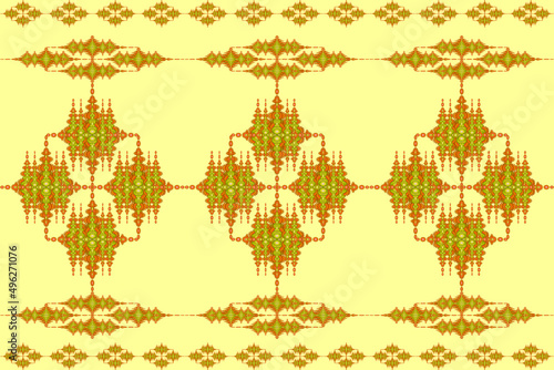 Seamless ethnic fabric pattern, golden flower pattern, Thai fabric design, carpet, wallpaper, curtain, cushion, clothing, batik, light yellow cream background fabric pattern