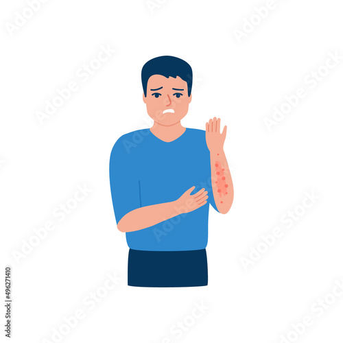 Man scratching arm, rash, allergy on hand, acne on skin. Male suffering from itchy skin, symptom disease. Vector illustration
