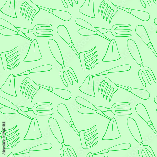 Seamless pattern with hoes. Hand drawn outline vector background and texture in doodle style, isolated. Gardening tools for working in the garden, on the farm, in the dacha, country site