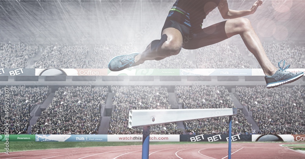 Fototapeta premium Composite image of caucasian low section of male athlete jumping over hurdles against sports stadium
