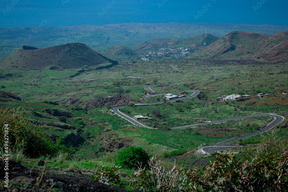 Obraz premium Curvy road to Pico do Fogo, volcano on the island of Fogo on Cabo Verde islands. Looking towards the sea with twisty road visible.
