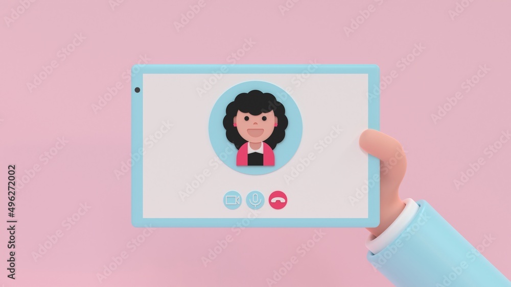 Online meetup. Cartoon human hand holding digital tablet with communication app. 3d render illustration Online meetup. Cartoon human hand holding digital tablet with communication app. 3d render illustration