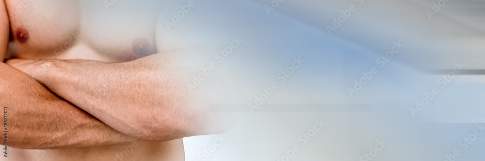 Blur effect with copy space against mid section of caucasian fit man Blur effect with copy space against mid section of caucasian fit man