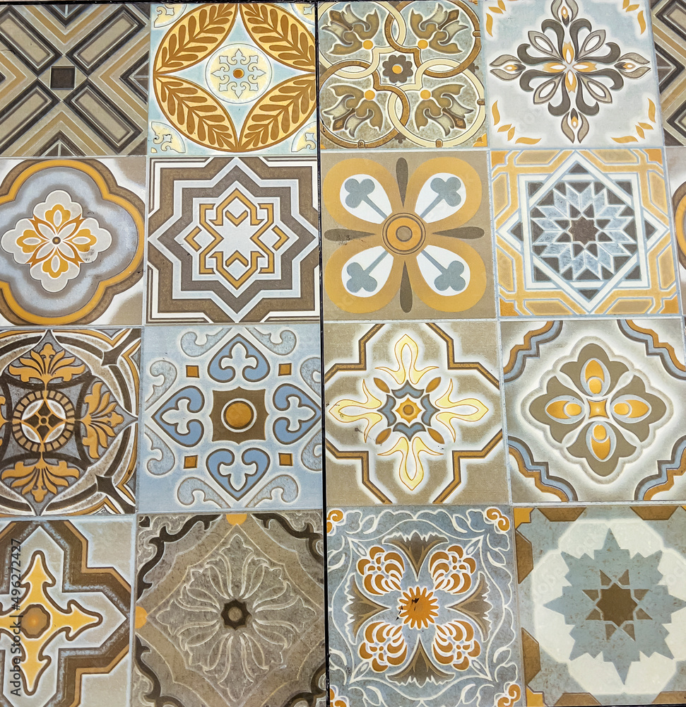 Ceramic Bathroom Tiles with Ornaments and Different Geometric Shapes. Interior Design.
Ceramic Bathroom Tiles with Ornaments and Different Geometric Shapes. Interior Design.