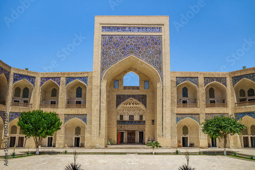 Courtyard of the historical Miri Arab Madrasah (built in the 16th century), Bukhara, Uzbekistan. The building is listed in UNESCO