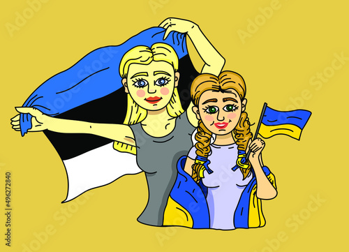 Ukrainian and Estonian relations. Girls with flags of Ukraine and Estonia. Estonians help Ukrainian refugees. Conceptual illustration of national friendship.
