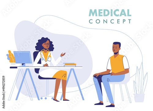 Medicine concept with black doctor and patient.