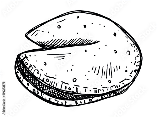 Vector hand drawn chinese fortune cookies isolated on white backgrounds. Food illustration. Crisp cookie with a blank piece of paper inside. For print, web, design, decor, logo.